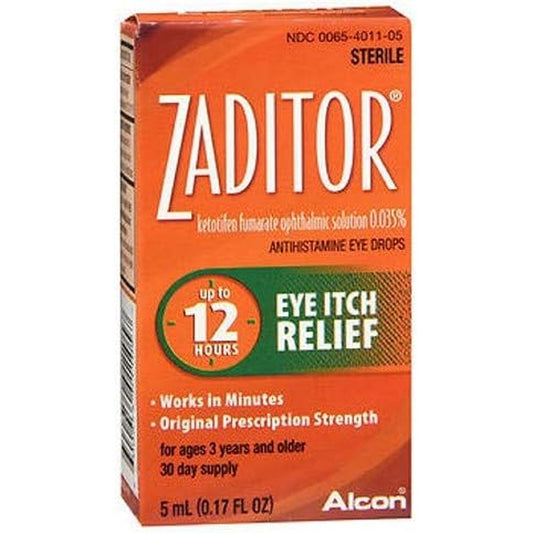 Zaditor Antihistamine Eye Itch Relief Drops front view package showing four bottles for allergy symptom relief.