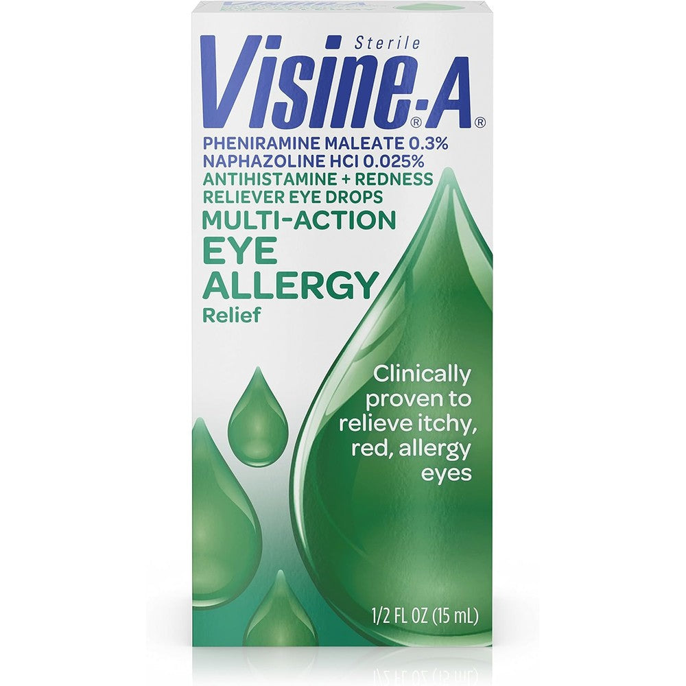 Visine-A Allergy Eye Relief Multi-Action Eye Drops front packaging view for antihistamine relief.