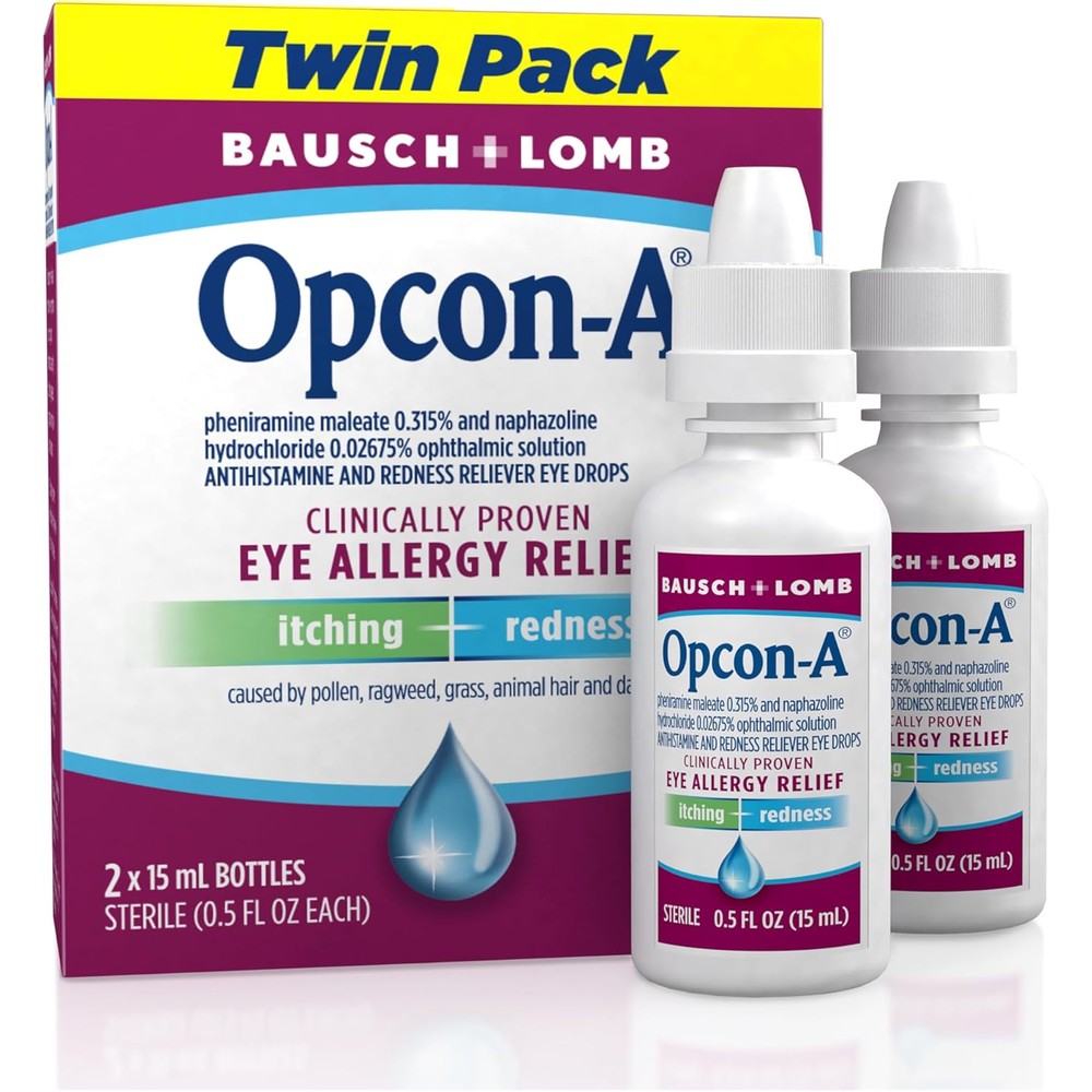 Bausch + Lomb Opcon-A eye allergy relief drops twin pack front packaging showcasing antihistamine formula