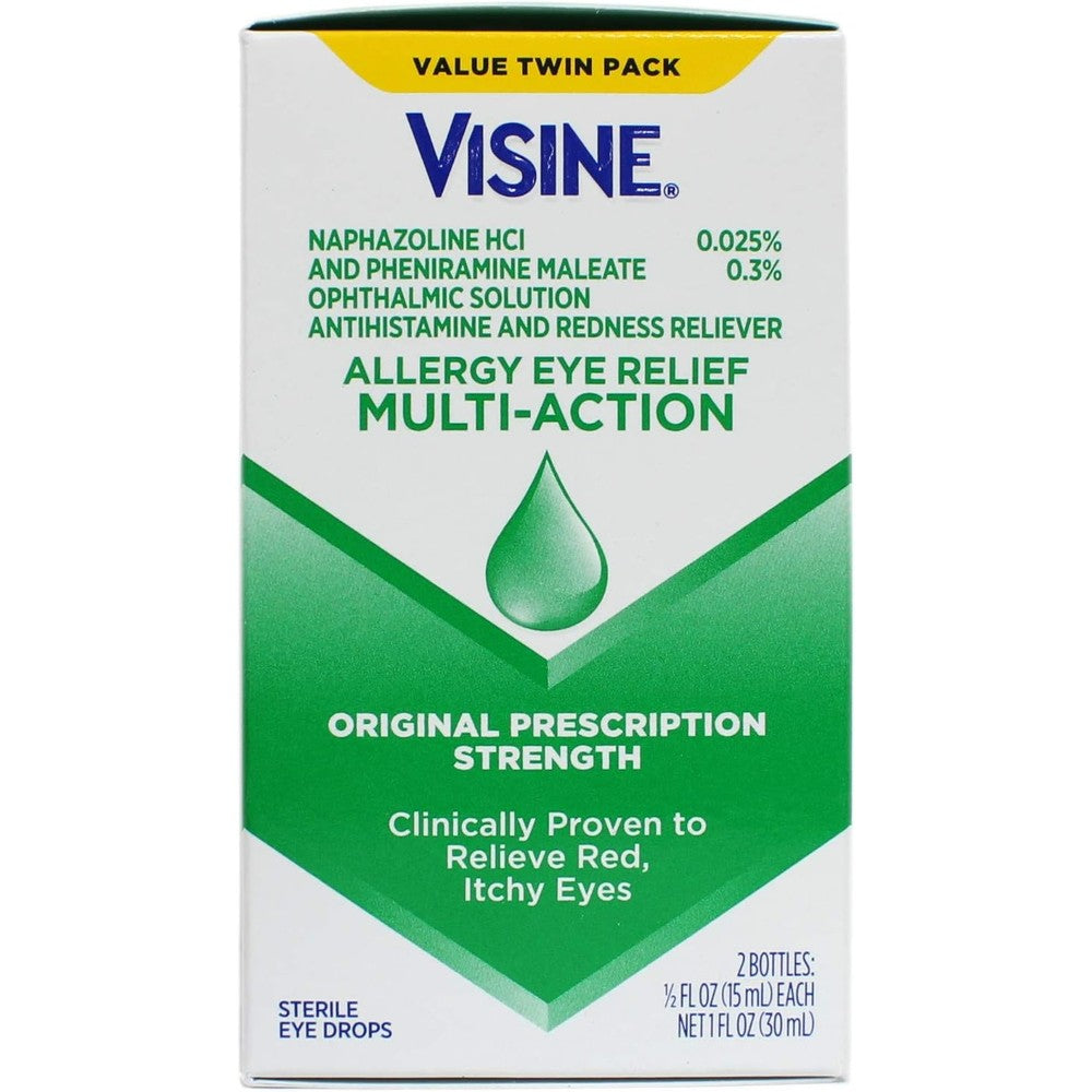 Visine-A Multi-Action Eye Allergy Relief Eye Drops front view twin pack packaging for itchy eye relief