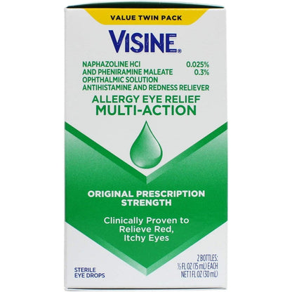 Visine-A Multi-Action Eye Allergy Relief Eye Drops front view twin pack packaging for itchy eye relief