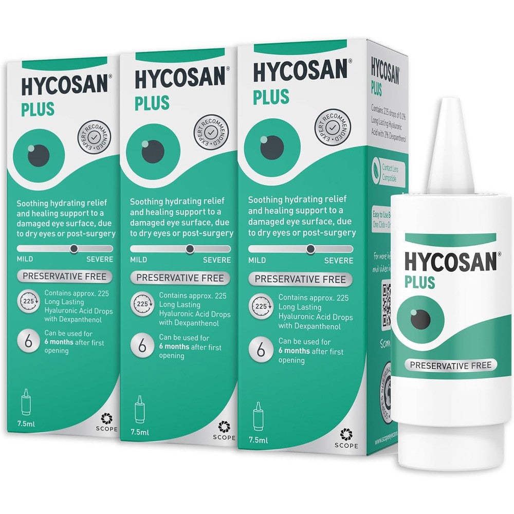 Hyco San Hycosan Plus dry eye drops triple pack front view packaging