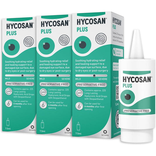 Hyco San Hycosan Plus dry eye drops triple pack front view packaging