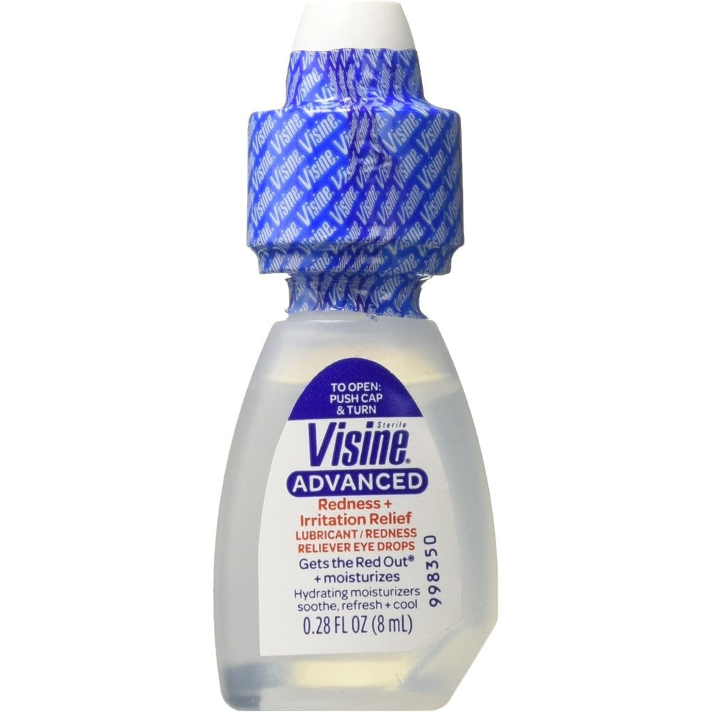 Visine Advanced Relief Redness Reliever Eye Drops front packaging view for dry eye relief