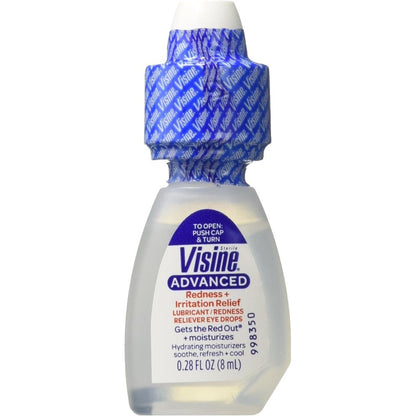 Visine Advanced Relief Redness Reliever Eye Drops front packaging view for dry eye relief