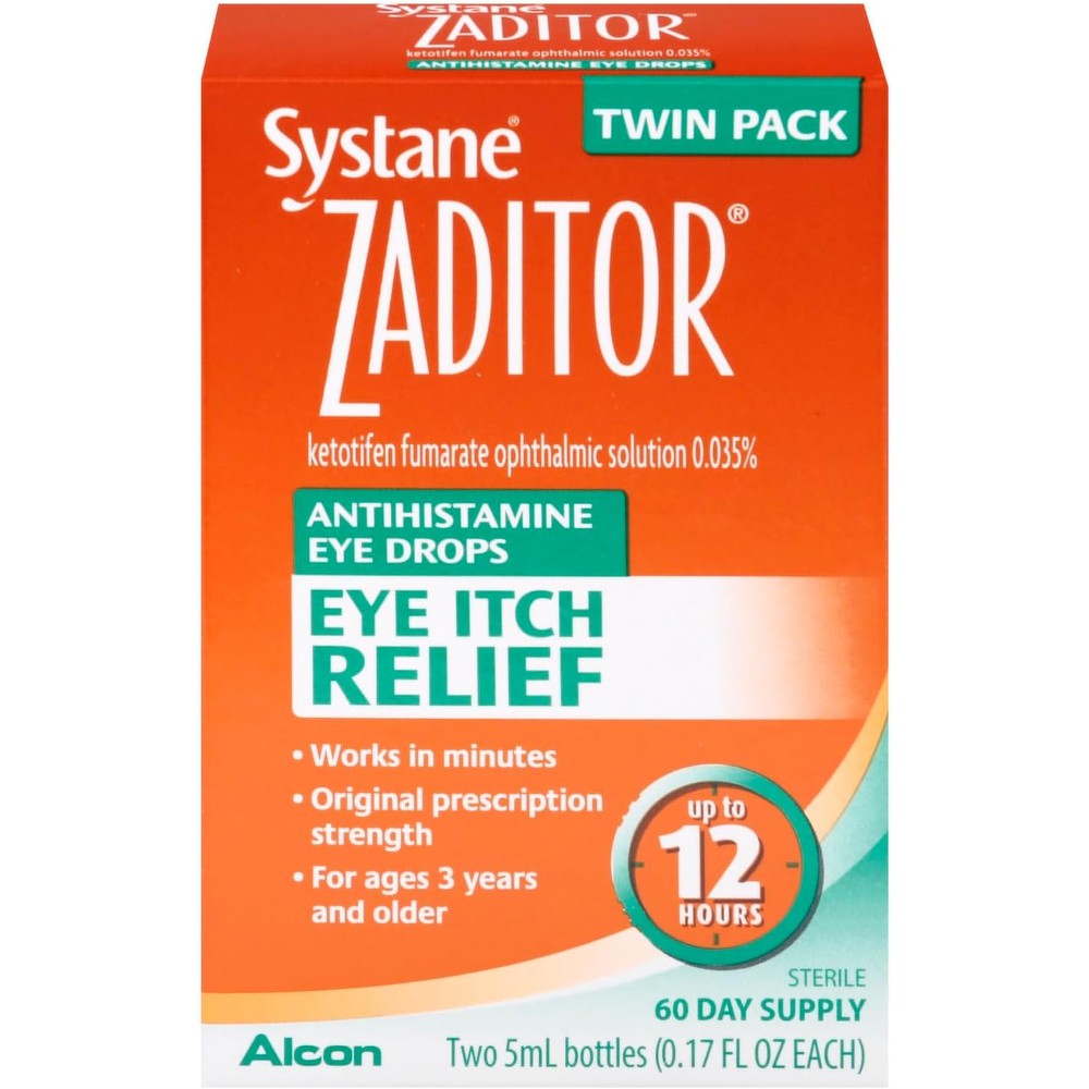 Systane Zaditor Antihistamine Eye Drops twin pack front view packaging for seasonal allergy relief.