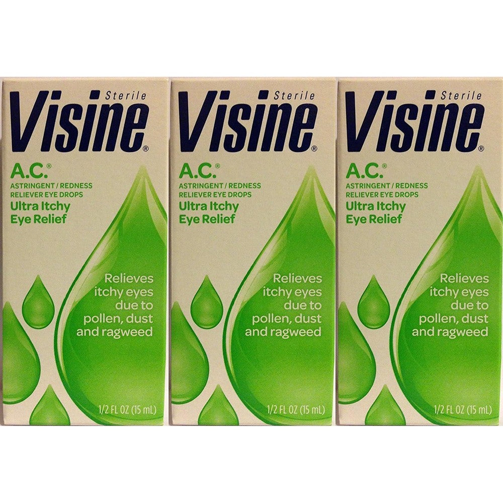 Visine AC Astringent Redness Reliever Eye Drops front view of three pack packaging for allergy relief