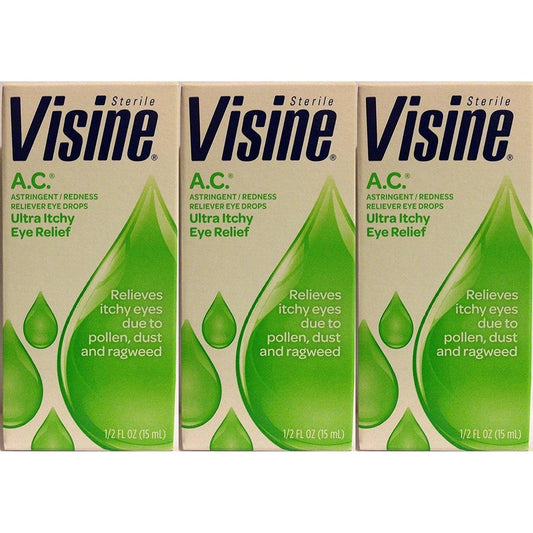 Visine AC Astringent Redness Reliever Eye Drops front view of three pack packaging for allergy relief