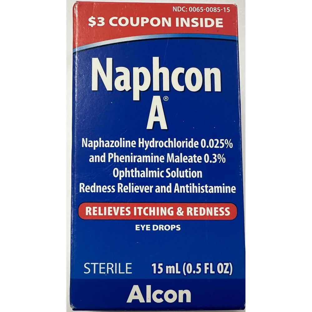 Alcon Naphcon A Allergy Relief Eye Drops 15ml front view packaging for fast eye allergy relief.