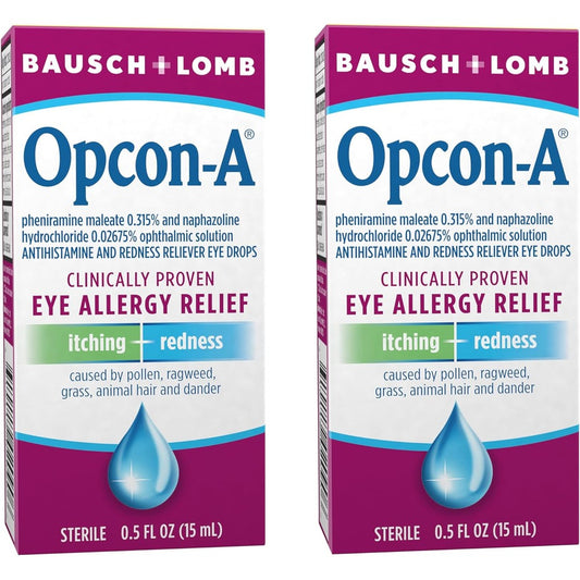 Bausch + Lomb Opcon-A Eye Allergy Relief Drops front view package showing redness reliever benefit