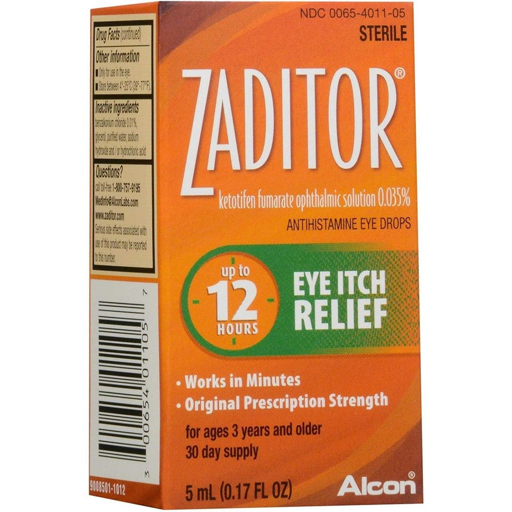 Zaditor Eye Itch Relief Antihistamine Eye Drops twin pack front view showing two identical boxes of imported allergy relief drops.
