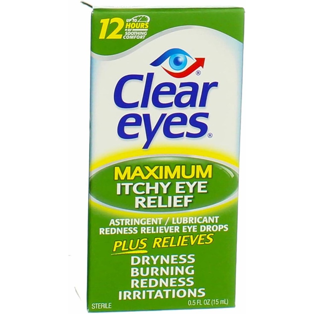 Clear Eyes Maximum Itchy Eye Relief front packaging showing six pack configuration.