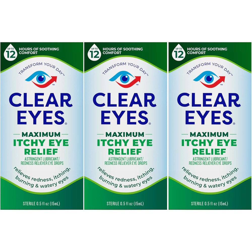 Clear Eyes Maximum Itchy Eye Relief three pack front view for allergy relief