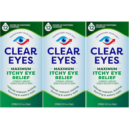 Clear Eyes Maximum Itchy Eye Relief three pack front view for allergy relief