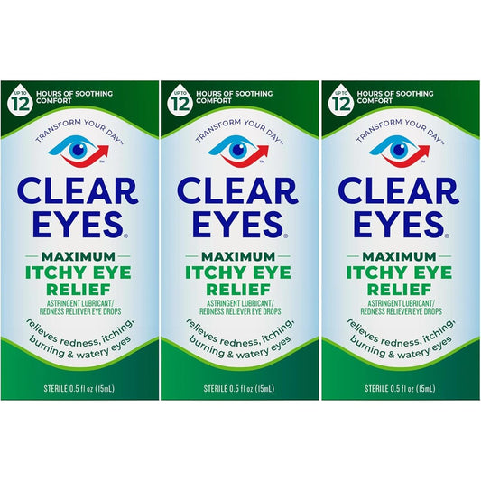 Clear Eyes Maximum Itchy Eye Relief three pack front view for allergy relief