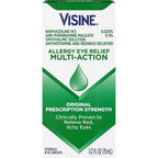 Visine-A Multi-Action Eye Allergy Relief Drops front view of the packaging showcasing the authentic USA imported triple pack.
