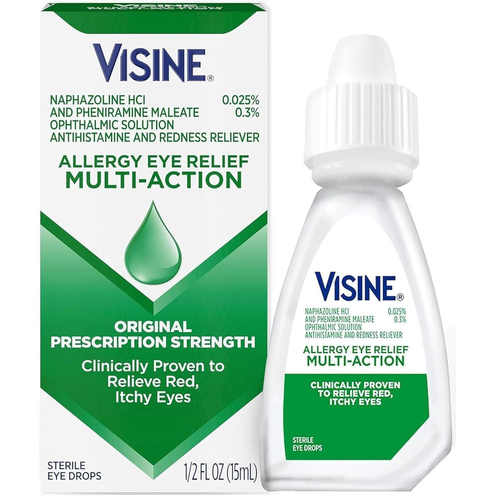 Visine Eye Multi Action Eye Allergy Relief Drops front view bottle pack for itchy red eyes.