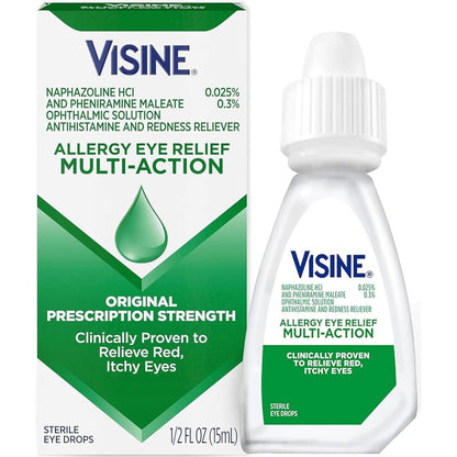 Visine Eye Multi Action Eye Allergy Relief Drops front view bottle pack for itchy red eyes.