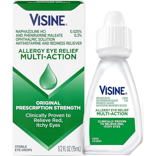 Visine Eye Multi Action Eye Allergy Relief Drops front view bottle pack for itchy red eyes.