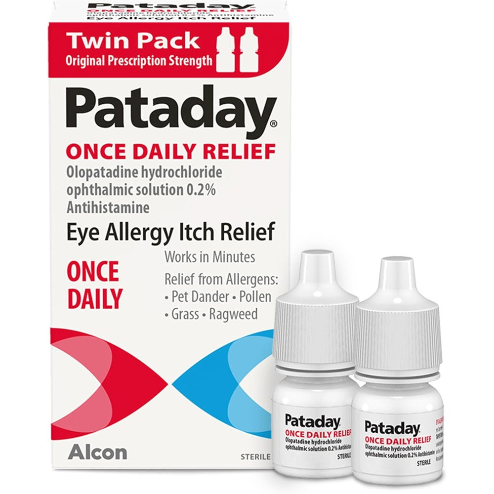 Alcon Pataday Once Daily Relief Allergy Eye Drops front view pack of two for allergy itch relief.