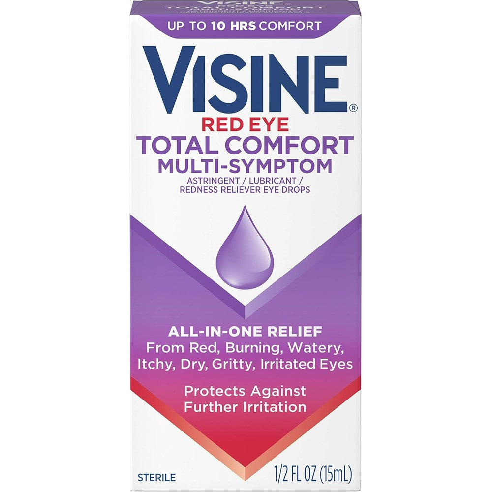 Visine Red Eye Total Comfort Multi Symptom Eye Drops pack front view showing all in one relief benefits