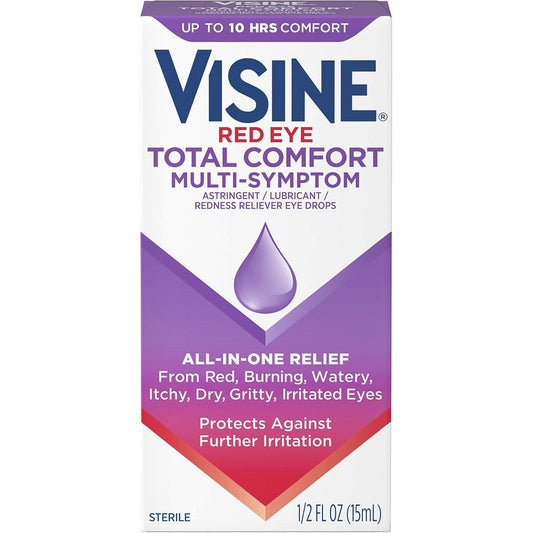 Visine Red Eye Total Comfort Multi Symptom Eye Drops pack front view showing all in one relief benefits