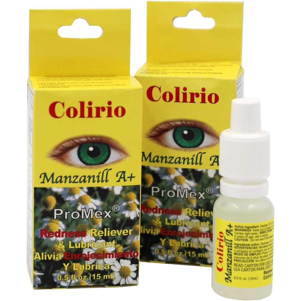 ProMex Colirio Manzanilla A Plus Eye Lubricant front packaging showing twin pack yellow box.