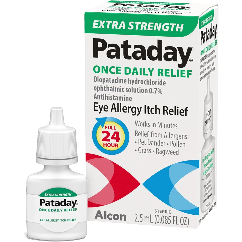 Pataday Once Daily Extra Strength allergy eye drops front packaging view for premium eye itch relief