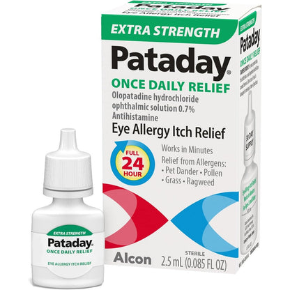 Pataday Once Daily Extra Strength allergy eye drops front packaging view for premium eye itch relief