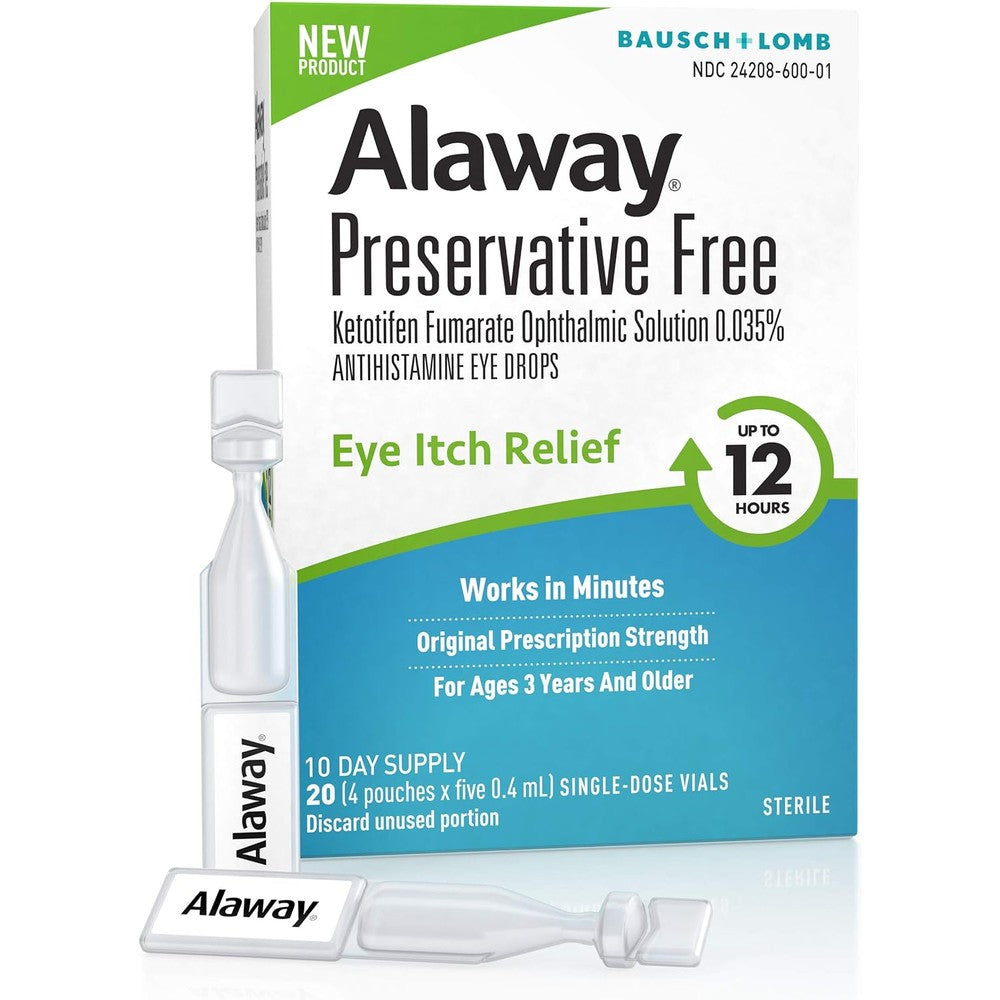 Bausch And Lomb Alaway Preservative Free Antihistamine Eye Drops packaging front view showing 20 single dose vials for eye itch relief