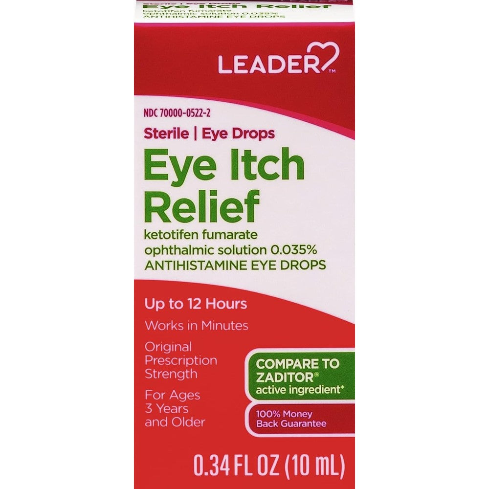 Leader Sterile Eye Drops front view packaging for eye allergy and itch relief