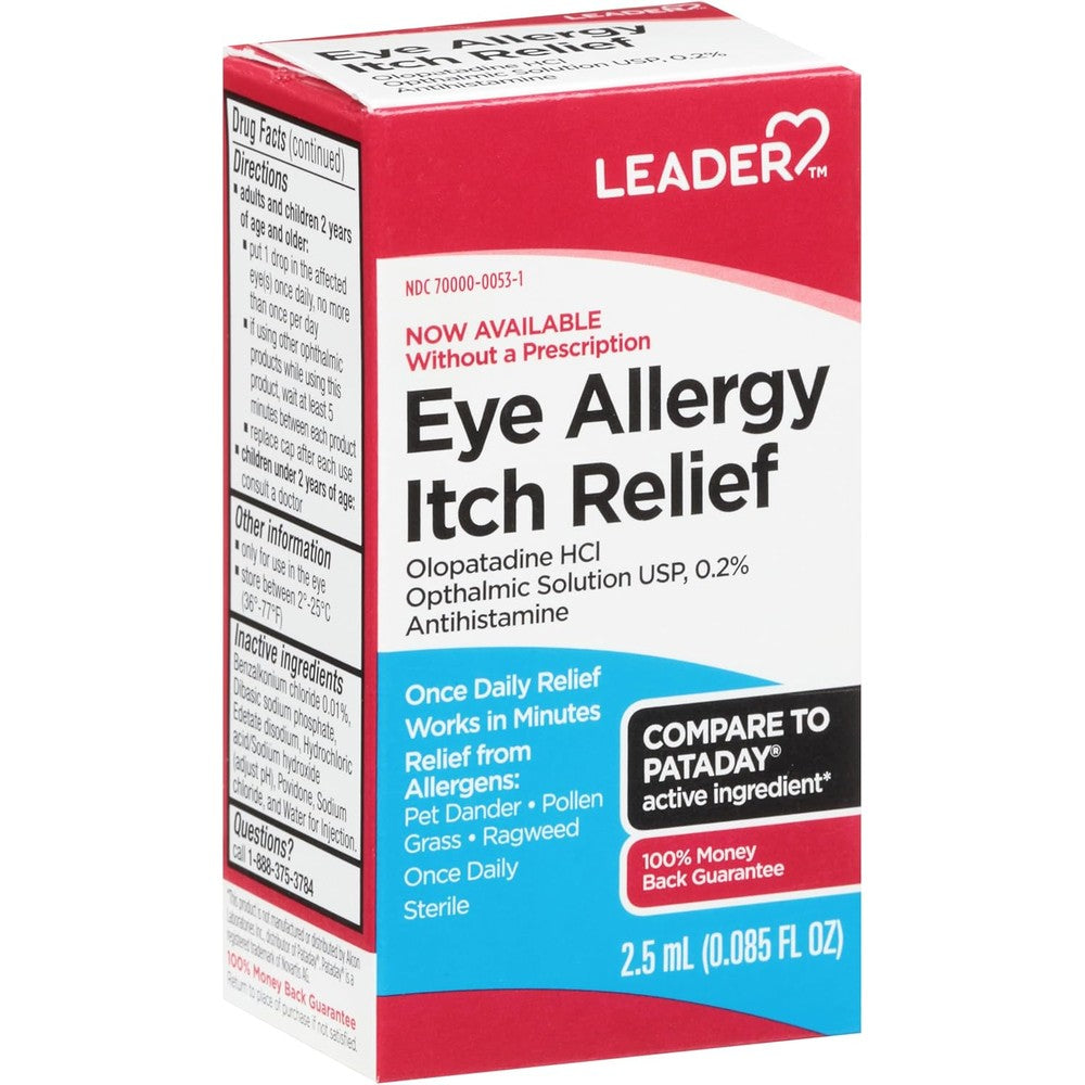 Leader Sterile Eye Drops front view packaging for eye allergy and itch relief.