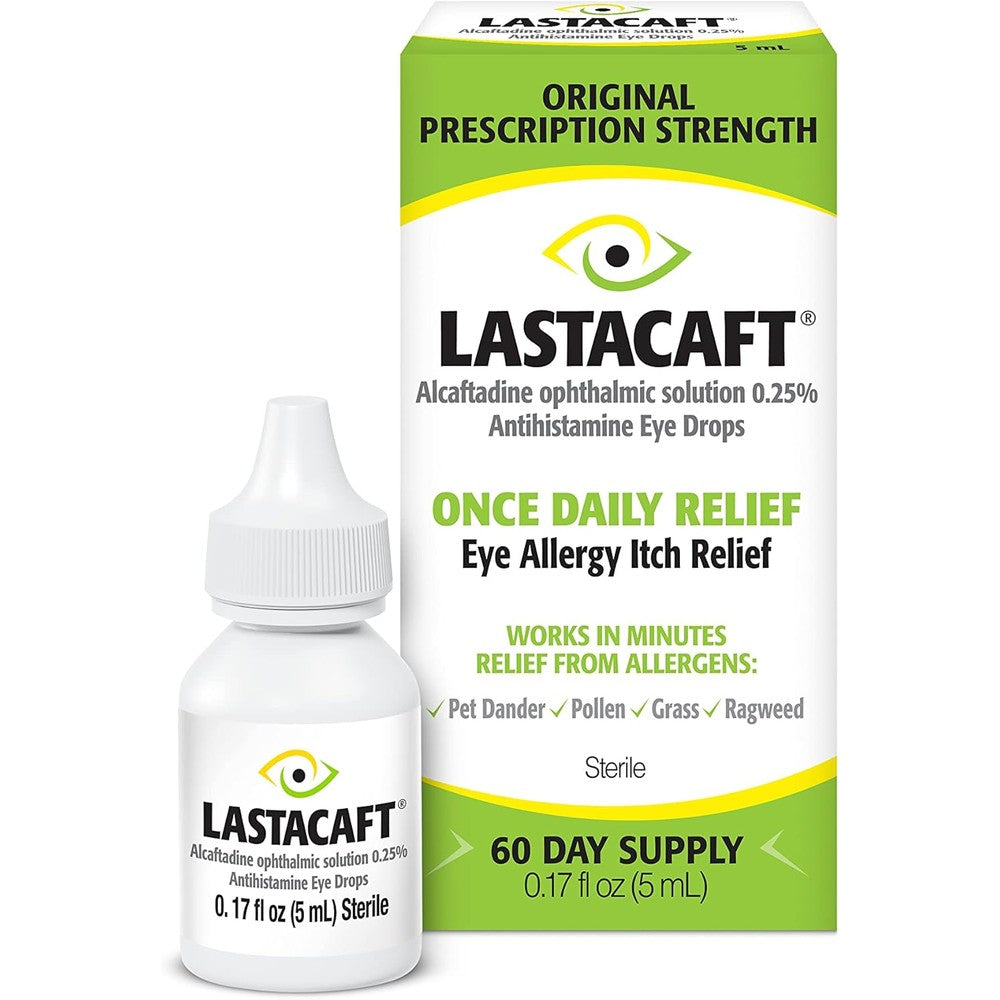 Abbvie Lastacaft Once Daily Eye Allergy Itch Relief Drops front view bottle for fast acting antihistamine eye care