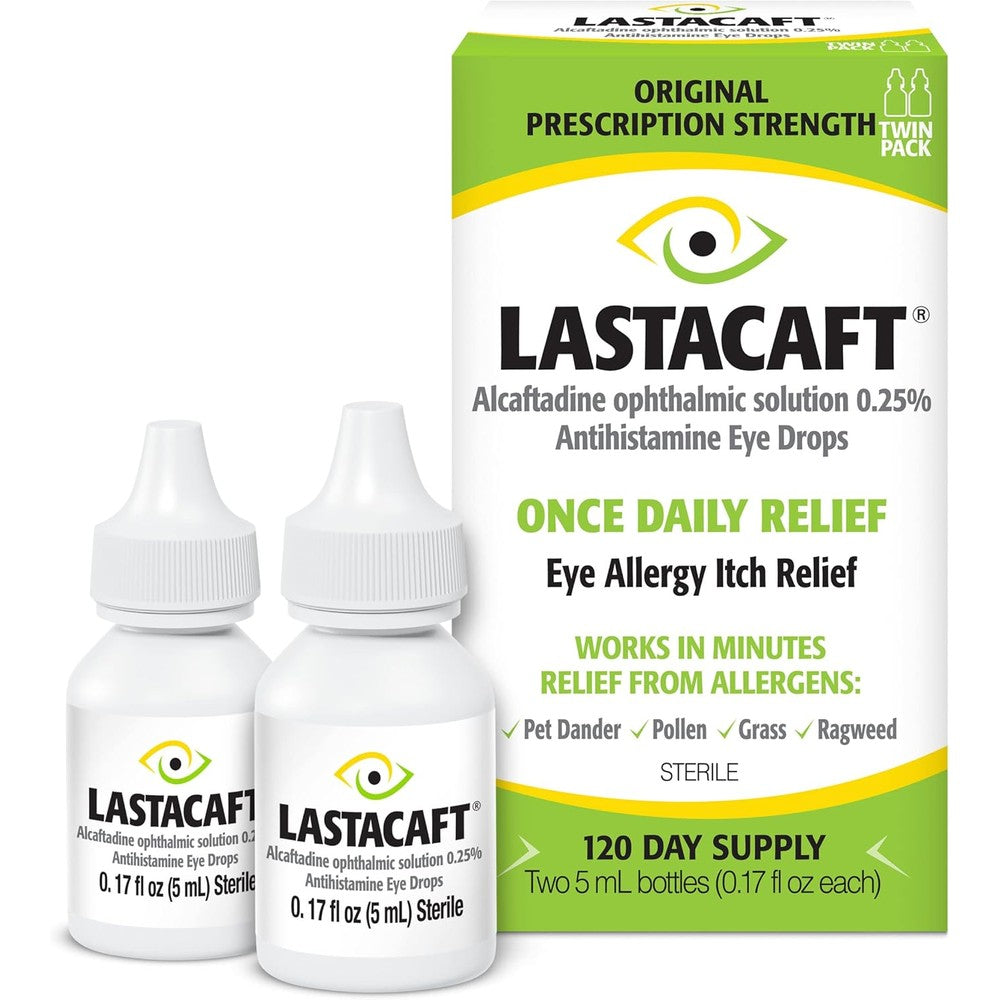 Lastacaft Once Daily Eye Allergy Itch Relief Drops twin pack front view showing packaging box and bottles for allergy symptoms.