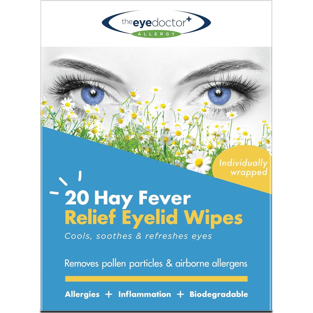 The Eye Doctor Hay Fever Relief Eyelid Wipes front view box for seasonal allergy relief.