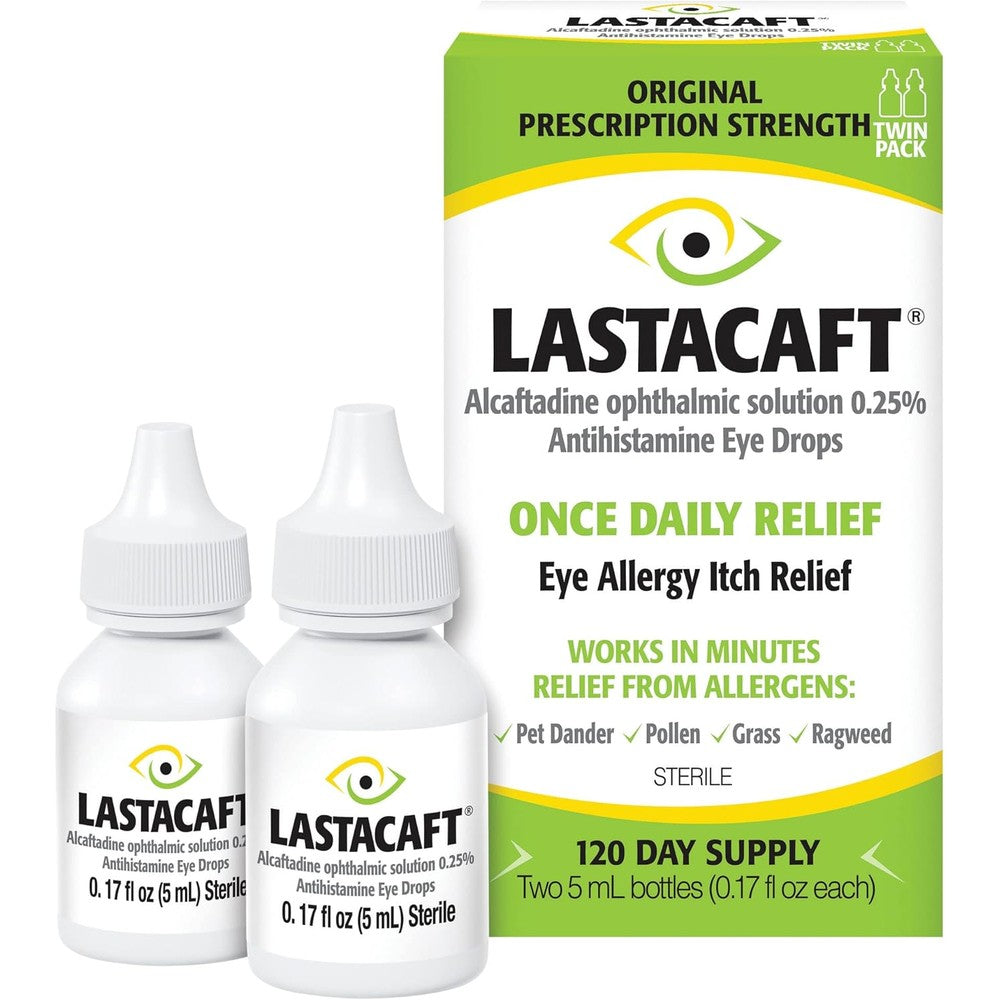 Lastacaft Once Daily Eye Allergy Itch Relief Drops front view twin pack packaging for antihistamine eye care