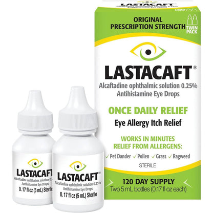 Lastacaft Once Daily Eye Allergy Itch Relief Drops front view twin pack packaging for antihistamine eye care