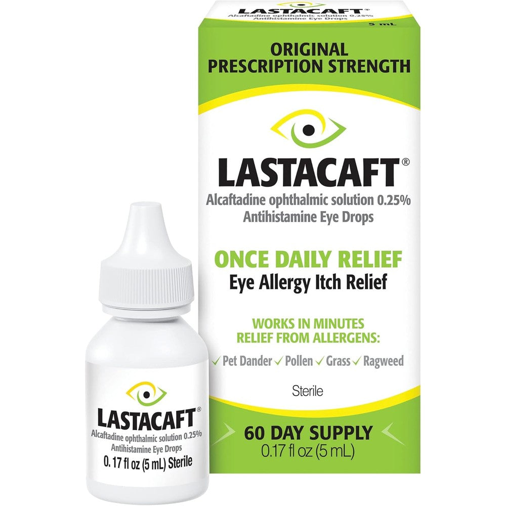 Lastacaft Once Daily Eye Allergy Itch Relief Drops front packaging view showing antihistamine formula.