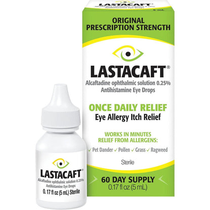Lastacaft Once Daily Eye Allergy Itch Relief Drops front packaging view showing antihistamine formula.