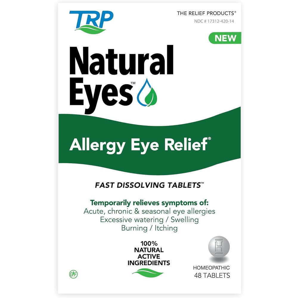 TRP The Relief Products Natural Eyes Allergy Relief Tablets packaging front view for homeopathic eye care