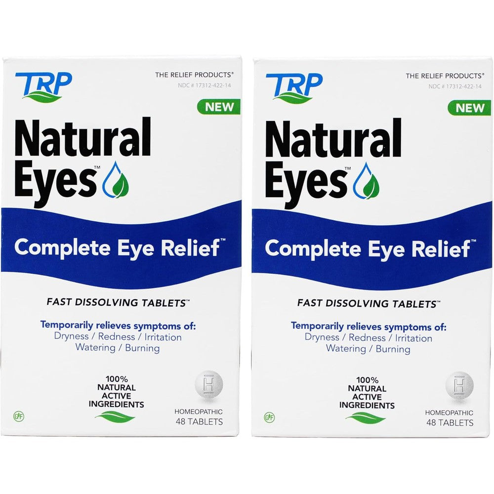 TRP The Relief Products Natural Eyes Complete Eye Relief Homeopathic Tablets front packaging showing the two pack product.