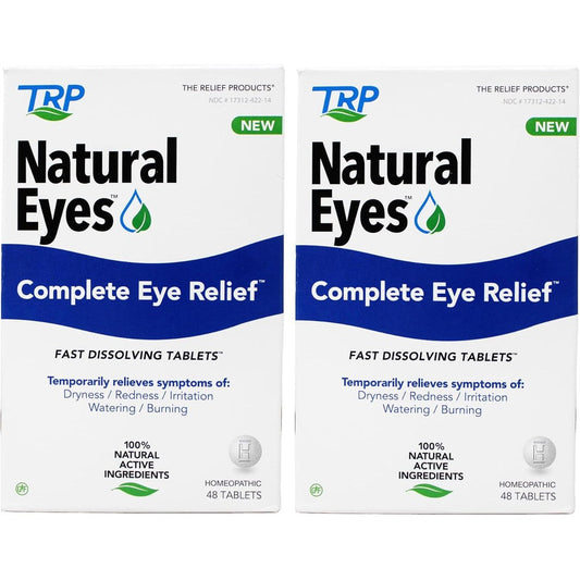 TRP The Relief Products Natural Eyes Complete Eye Relief Homeopathic Tablets front packaging showing the two pack product.
