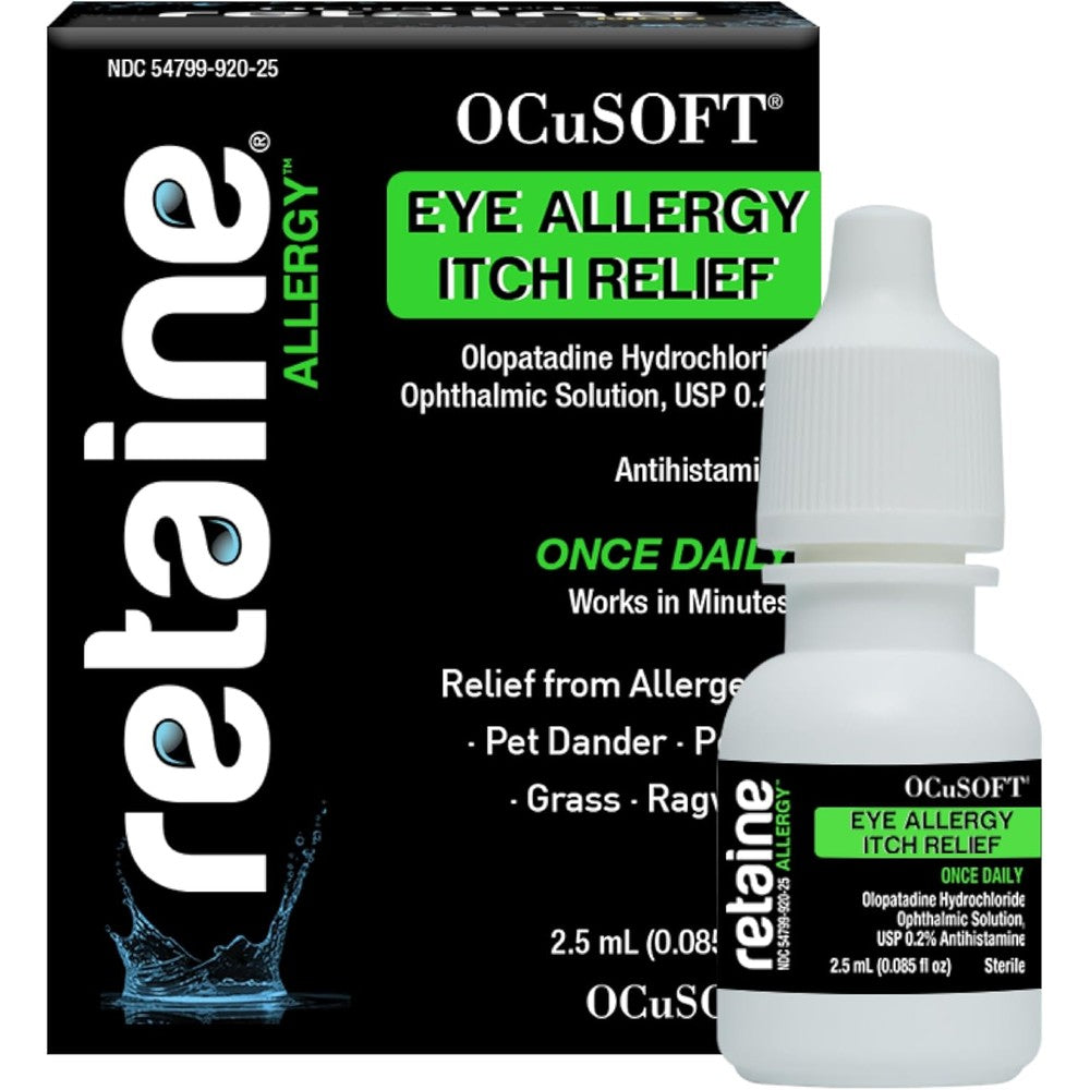 OCuSOFT Retaine Allergy eye drops 2.5ml front view packaging for fast itch relief.