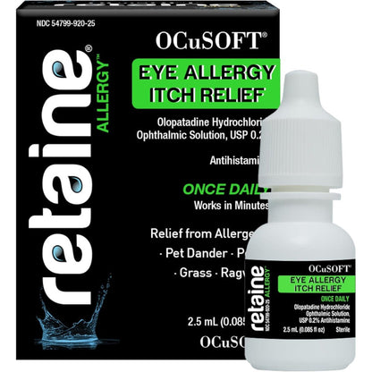 OCuSOFT Retaine Allergy eye drops 2.5ml front view packaging for fast itch relief.