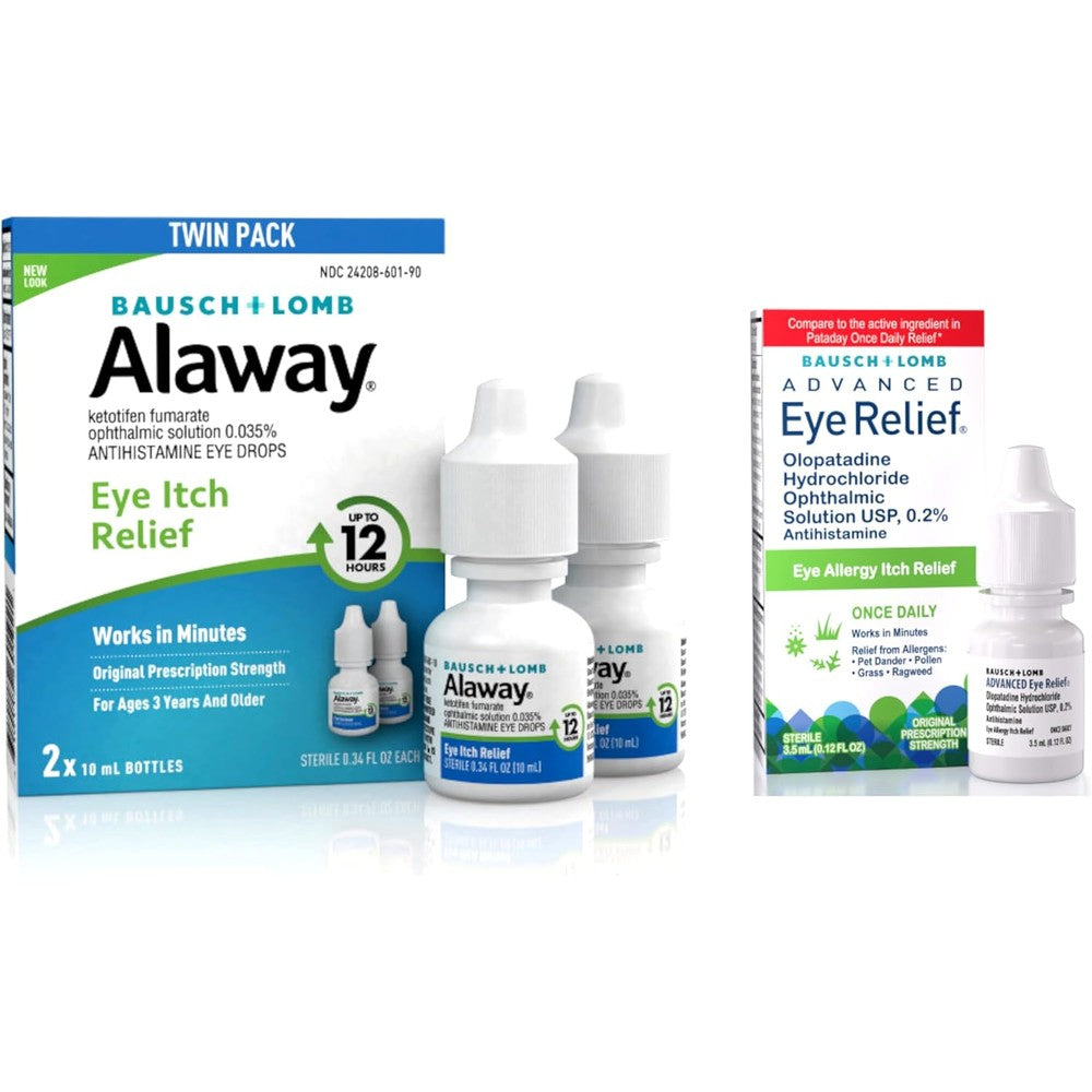 Bausch and Lomb Alaway Antihistamine Eye Drops Twin Pack front view box packaging for allergy relief.
