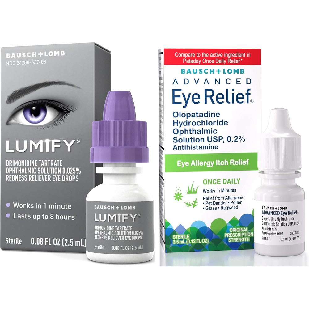 Bausch + Lomb Lumify and Advanced Eye Relief front packaging view for redness relief