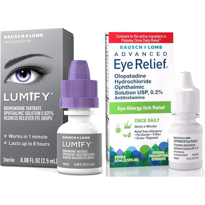 Bausch + Lomb Lumify and Advanced Eye Relief front packaging view for redness relief