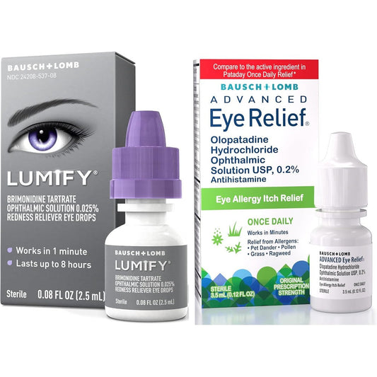 Bausch + Lomb Lumify and Advanced Eye Relief front packaging view for redness relief
