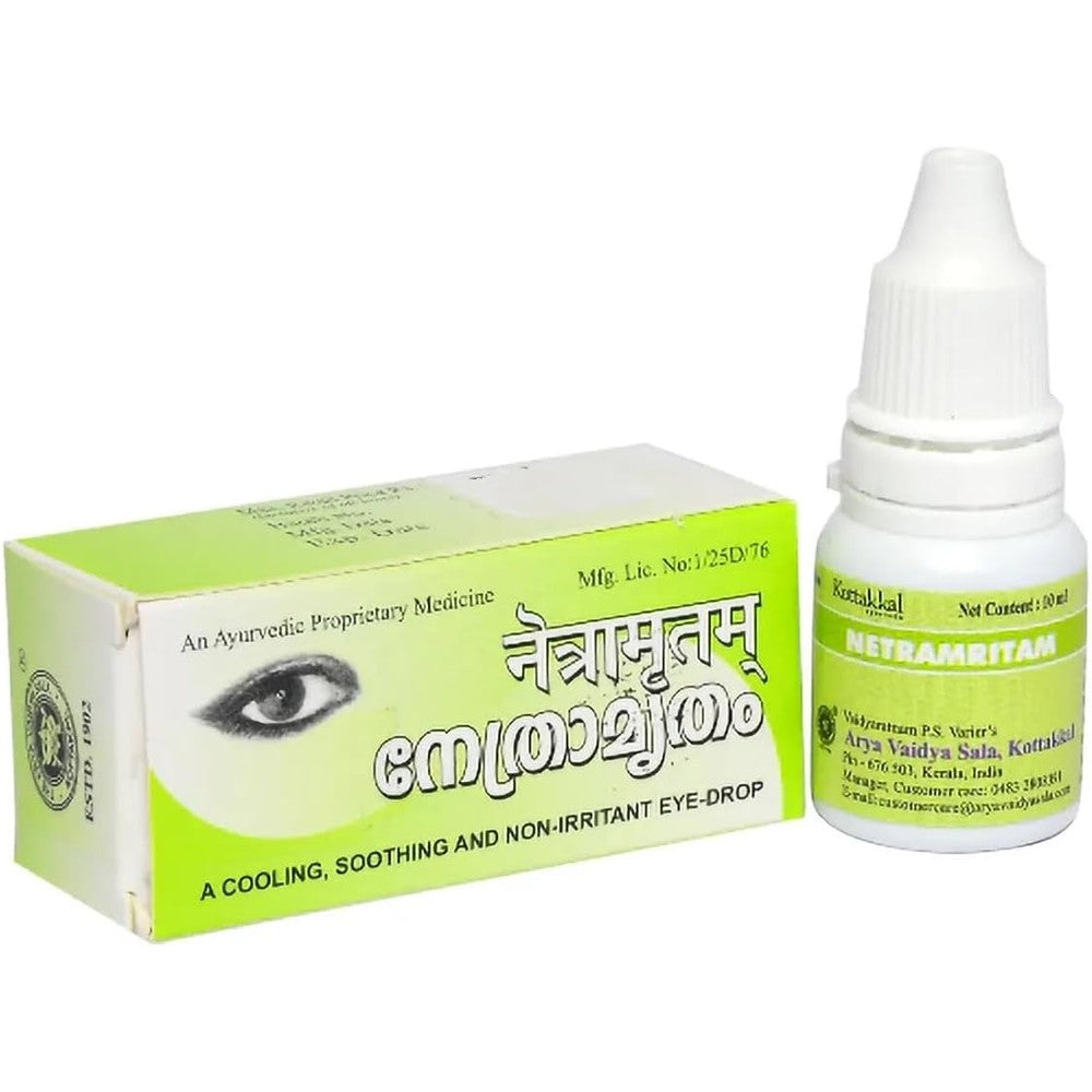 Kottakkal Arya Vaidya Sala Netramritam Eye Drops 10ml front view bottle for natural Ayurvedic eye care