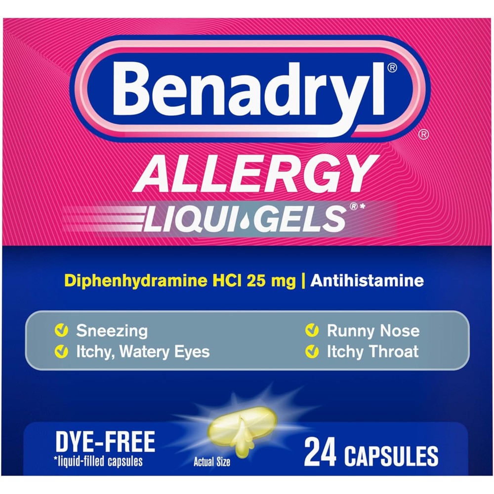 Benadryl Dye-Free Allergy Liqui-Gels 24 Count front view packaging for fast allergy relief